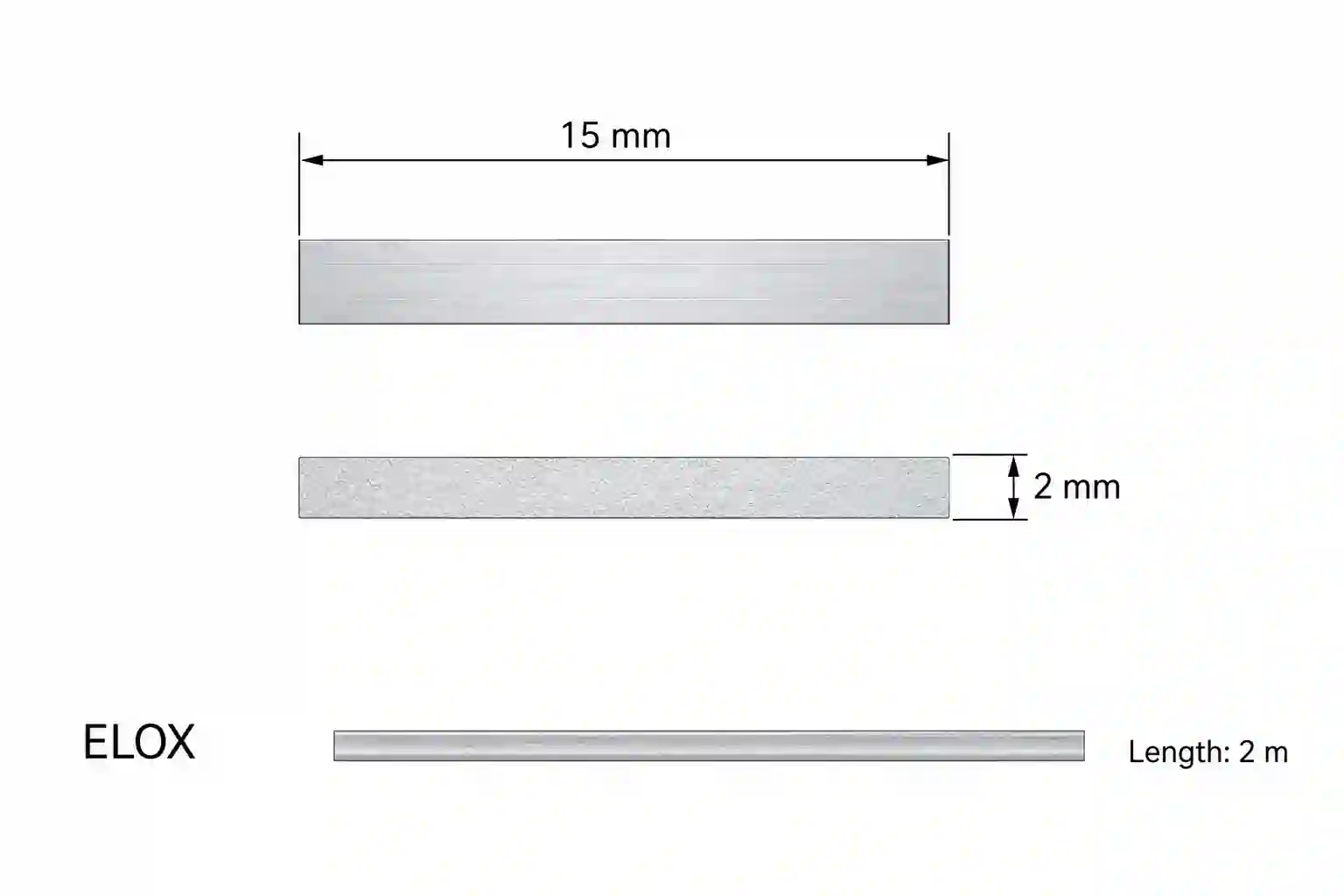 Plochý hliníkový ELOX profil 25x2mm stříbrný pohled ze strany délka 2 metry eloxovaný povrch